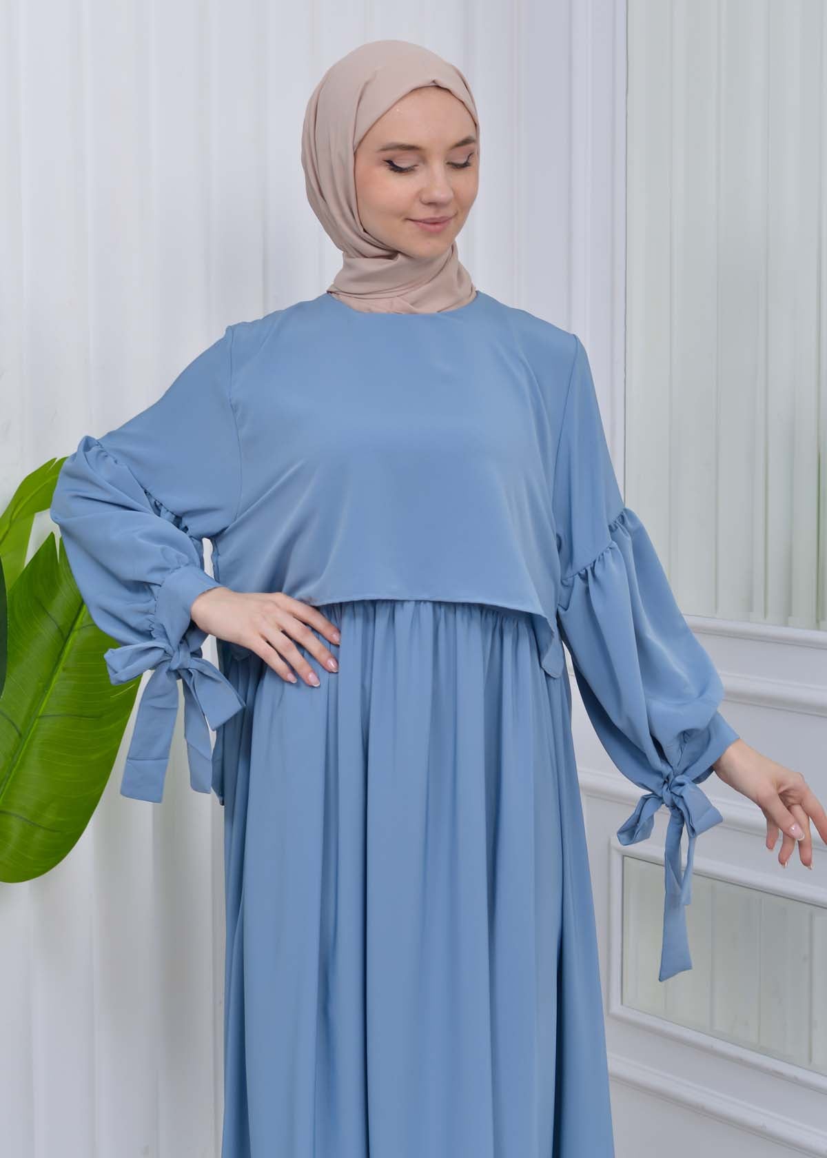 Lace up Sleeve Simple Hijab Dress 831 - Babyblau