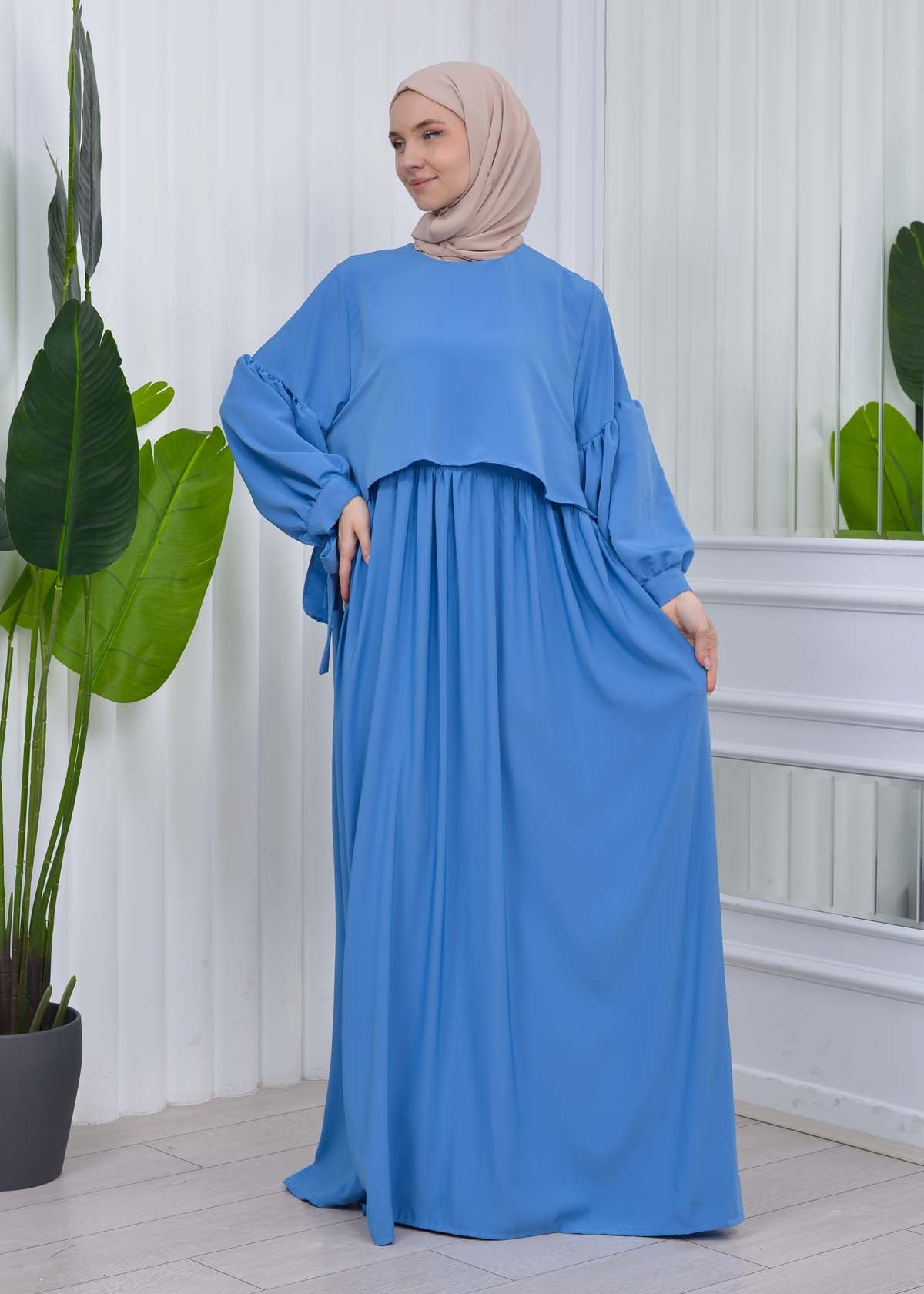 Lace up Sleeve Simple Hijab Dress 831 - Blau