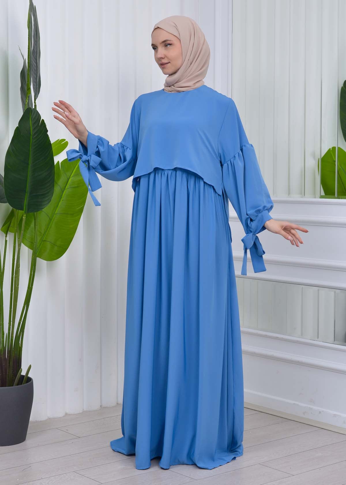 Lace up Sleeve Simple Hijab Dress 831 - Blau