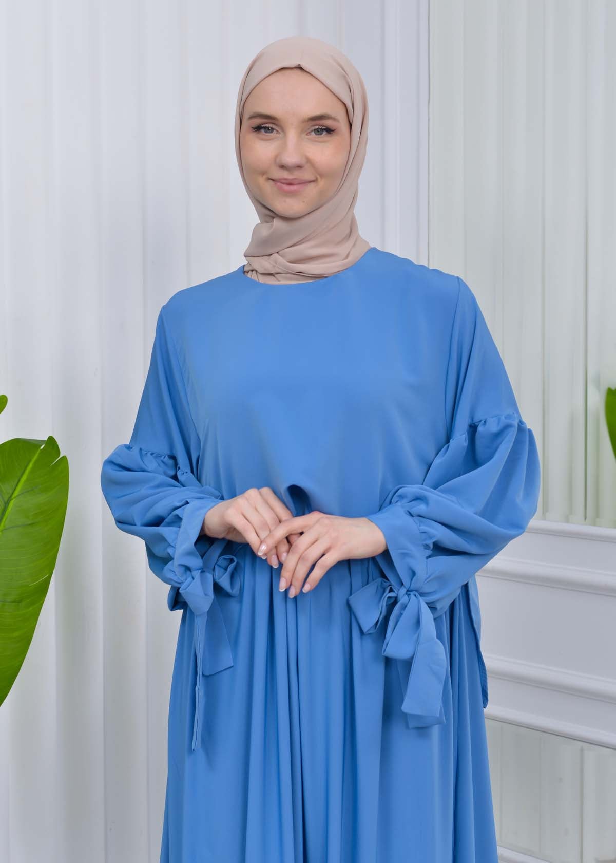 Lace up Sleeve Simple Hijab Dress 831 - Blau