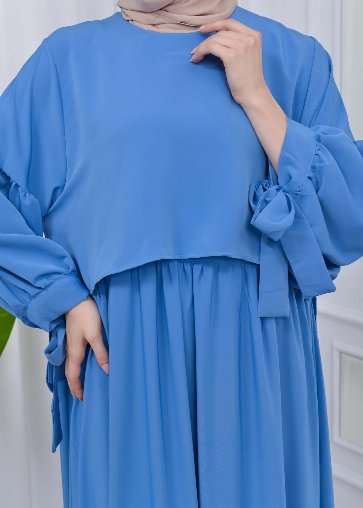 Lace up Sleeve Simple Hijab Dress 831 - Blau