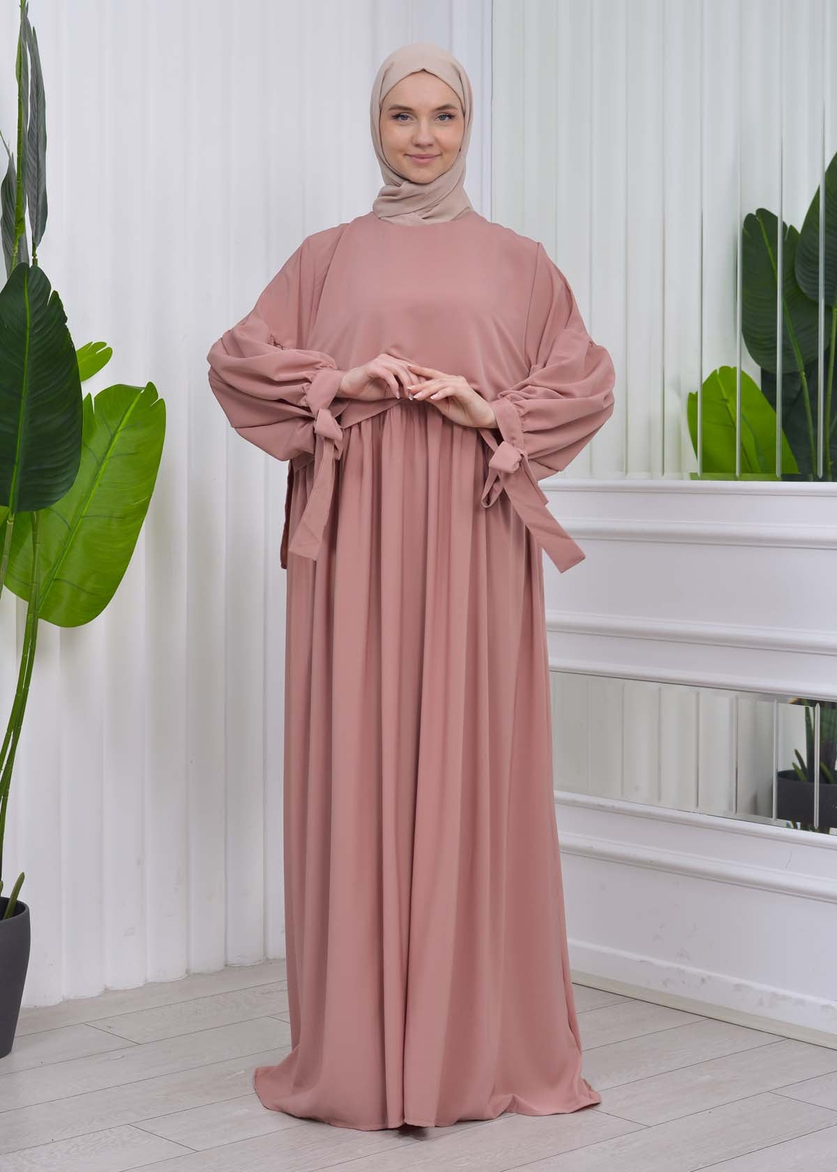 Lace up Sleeve Simple Hijab Dress 831 - Puder