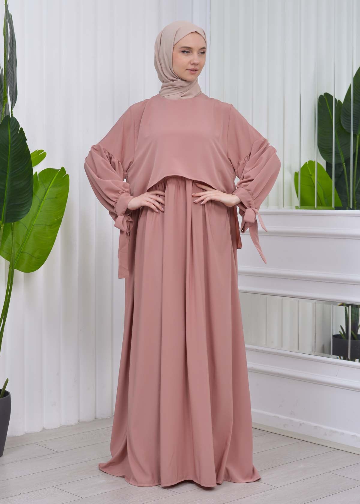 Lace up Sleeve Simple Hijab Dress 831 - Puder