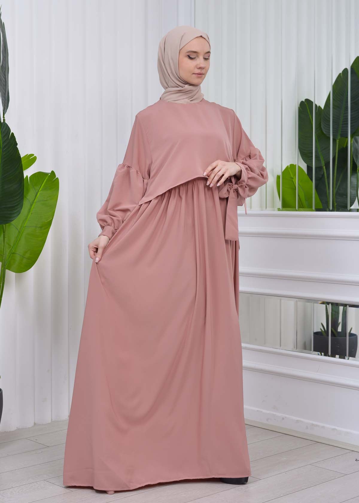 Lace up Sleeve Simple Hijab Dress 831 - Puder