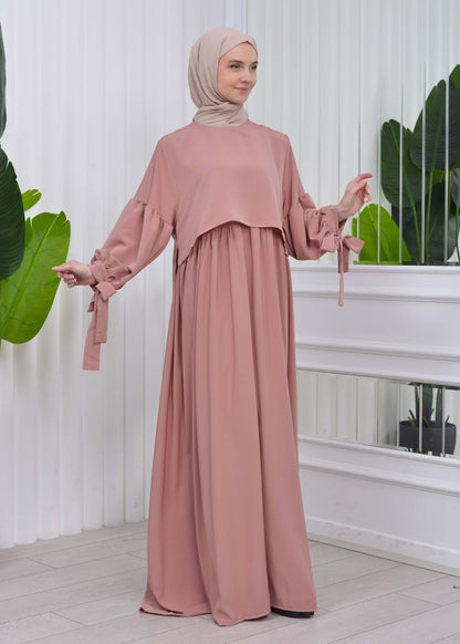 Lace up Sleeve Simple Hijab Dress 831 - Puder