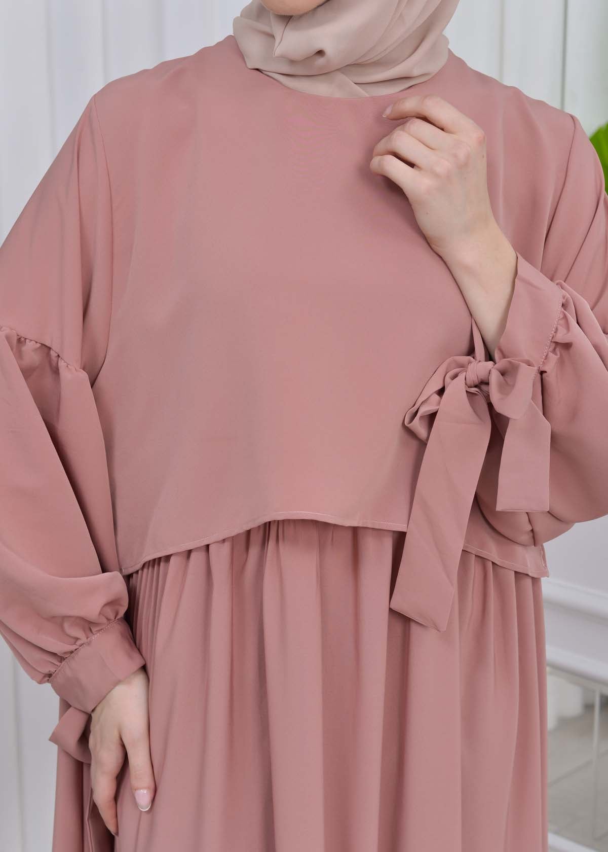 Lace up Sleeve Simple Hijab Dress 831 - Puder
