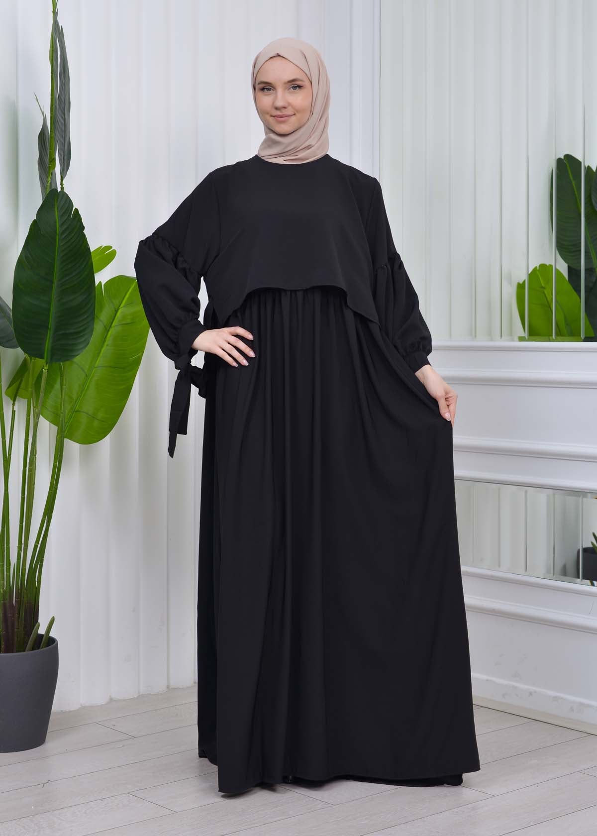 Lace up Sleeve Simple Hijab Dress 831 - Schwarz
