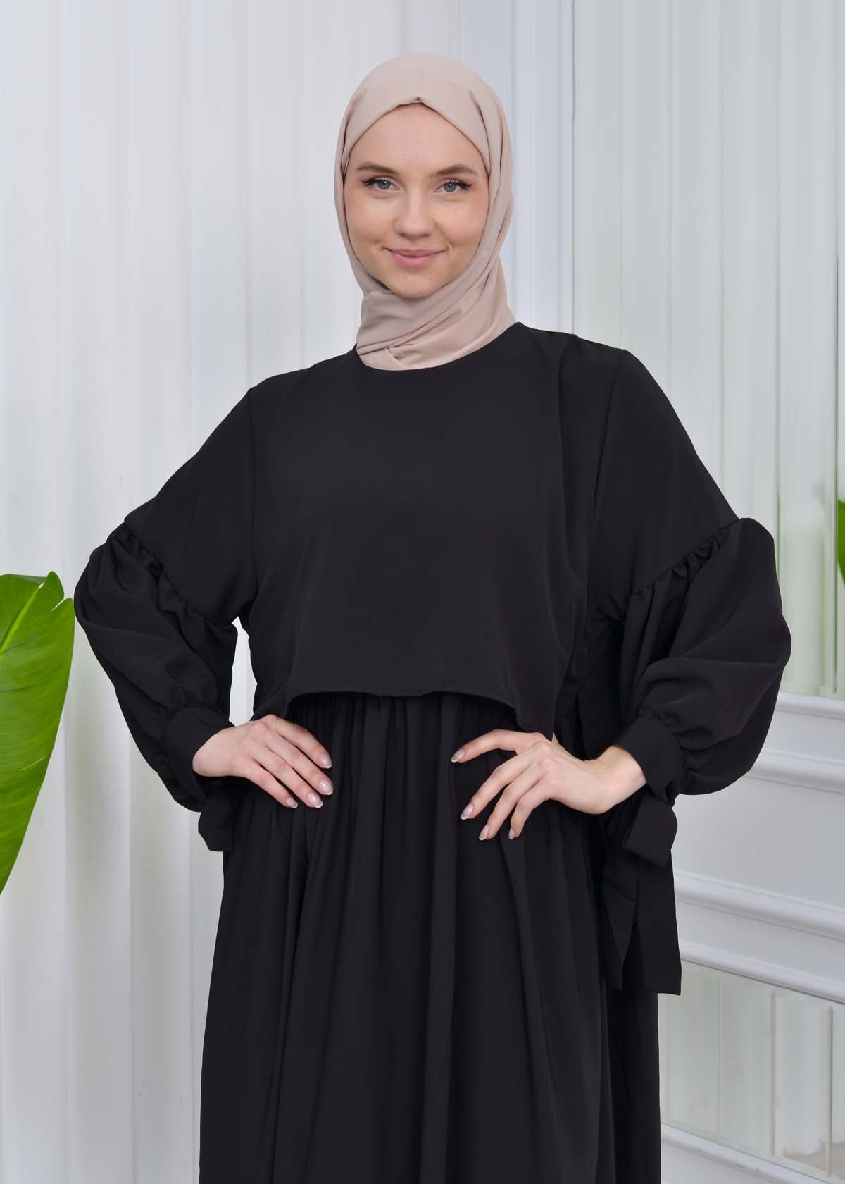 Lace up Sleeve Simple Hijab Dress 831 - Schwarz