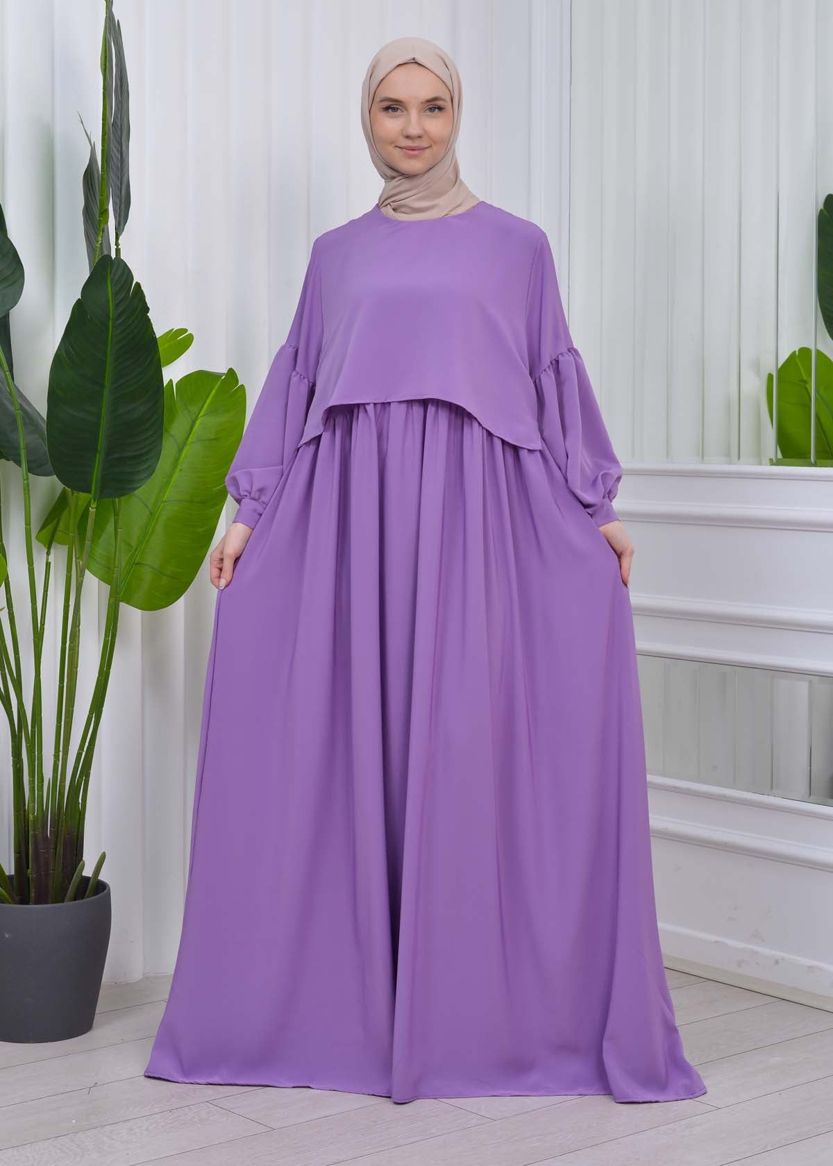Lace up Sleeve Simple Hijab Dress 831 - Flieder