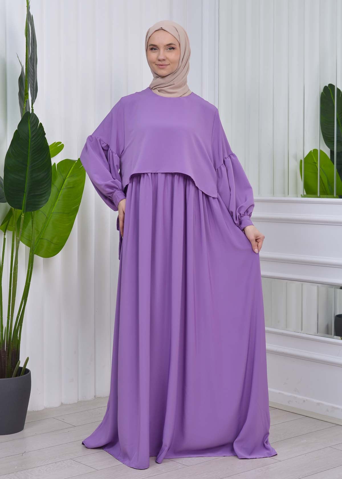 Lace up Sleeve Simple Hijab Dress 831 - Flieder