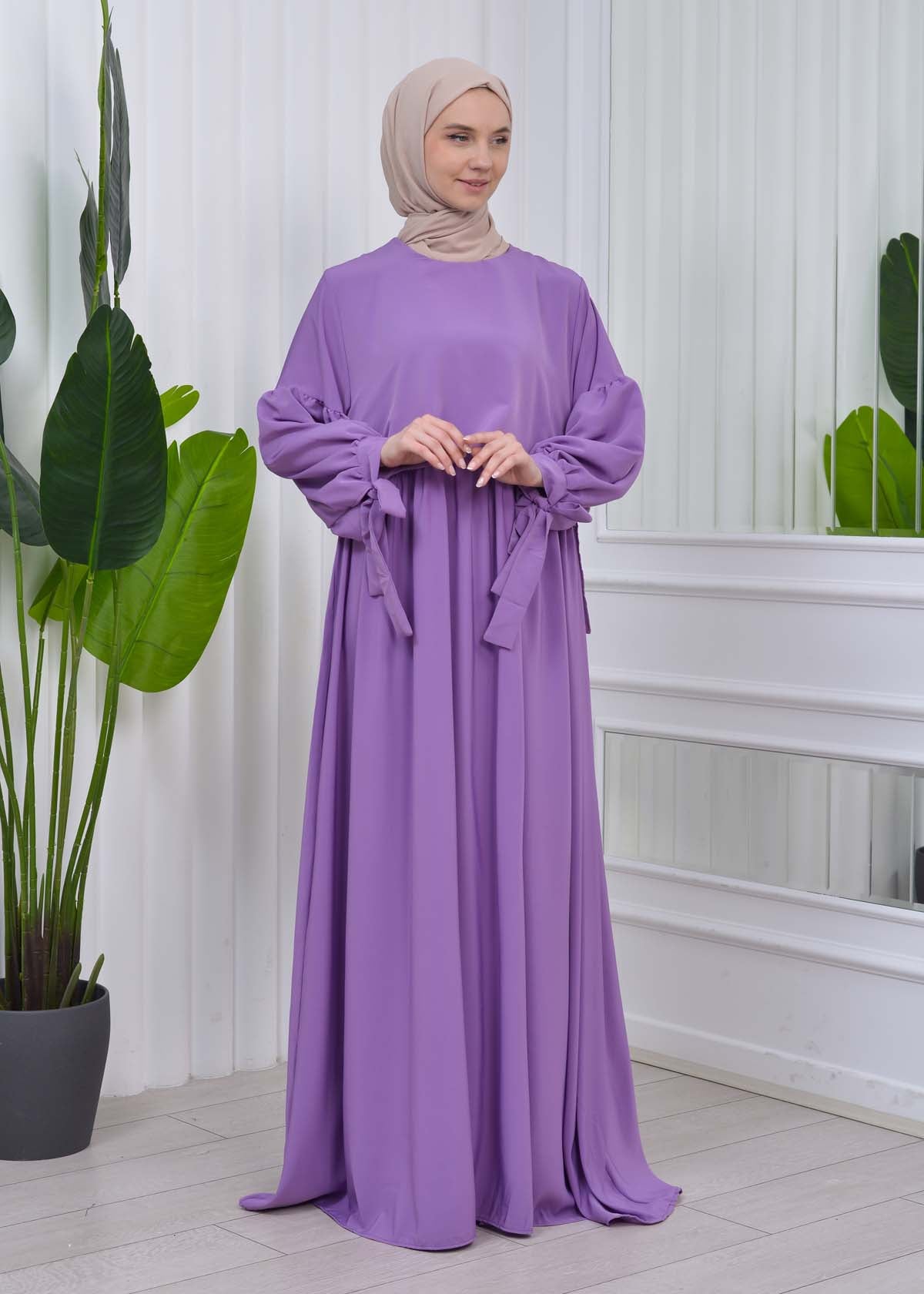 Lace up Sleeve Simple Hijab Dress 831 - Flieder