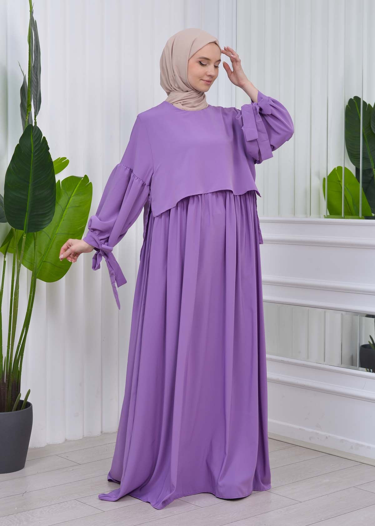 Lace up Sleeve Simple Hijab Dress 831 - Flieder