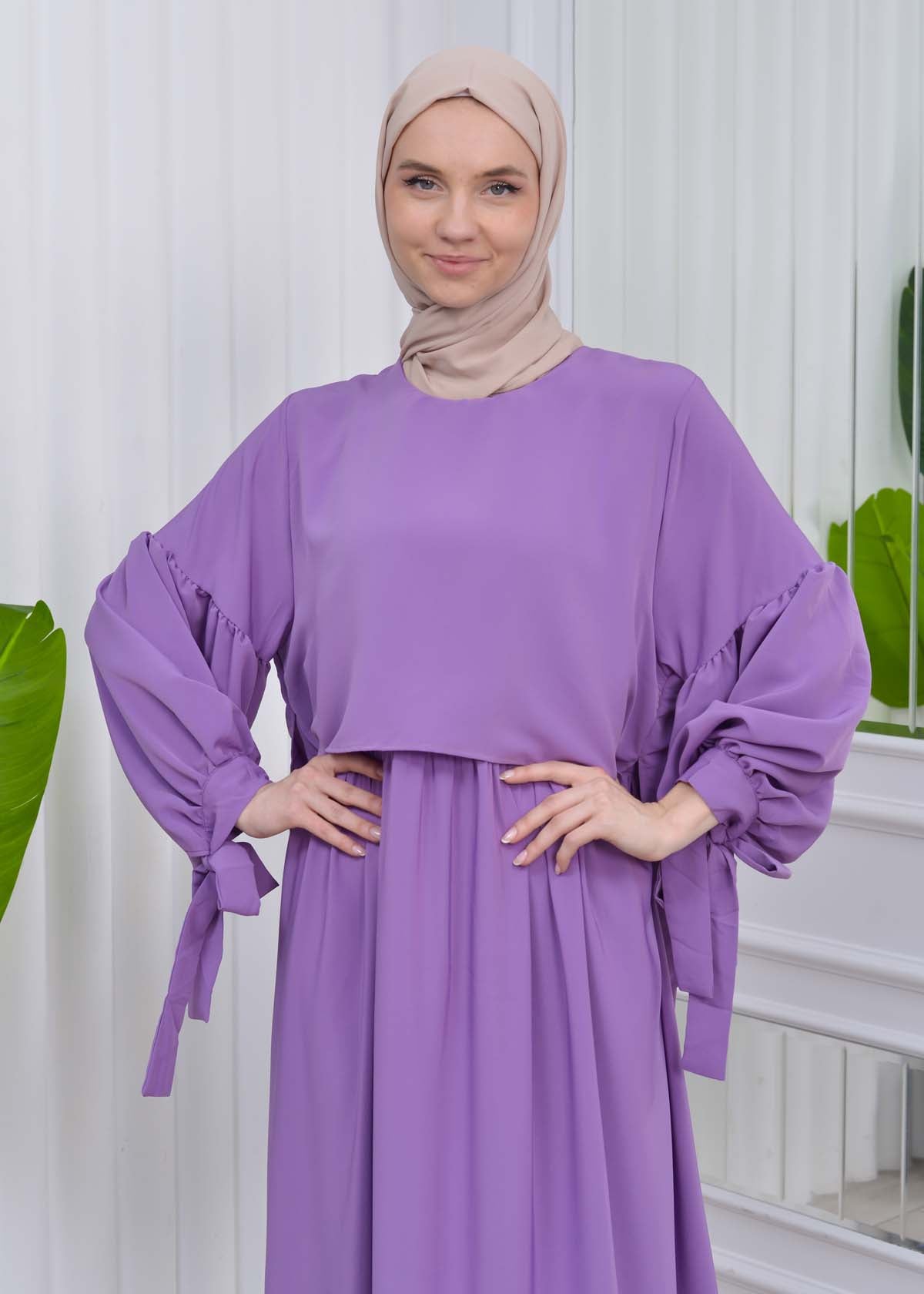 Lace up Sleeve Simple Hijab Dress 831 - Flieder