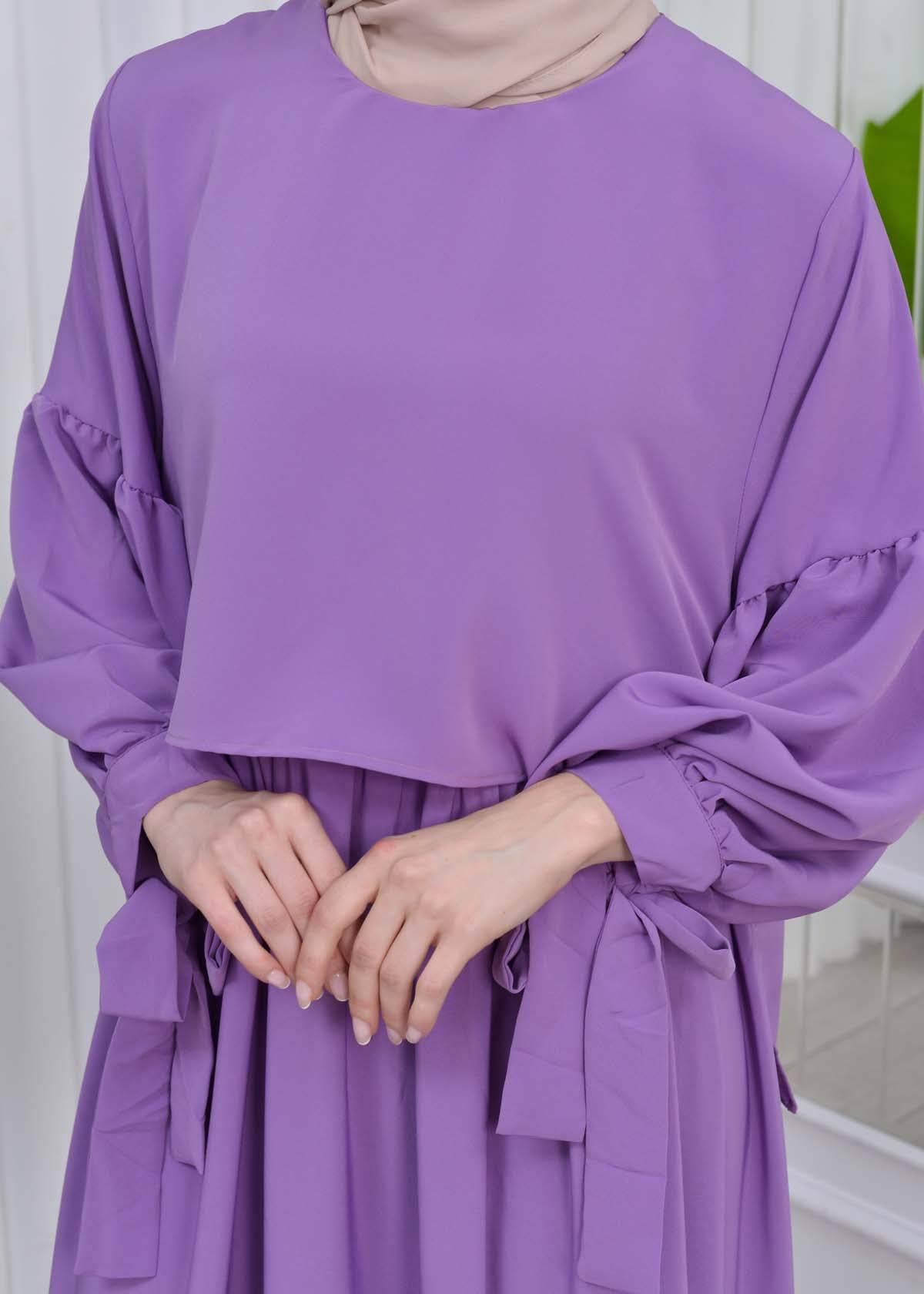 Lace up Sleeve Simple Hijab Dress 831 - Flieder