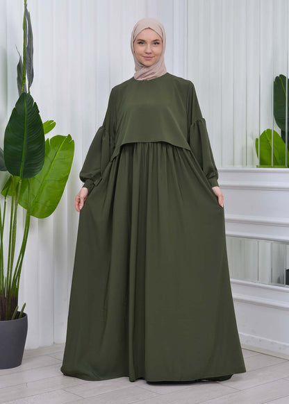Lace up Sleeve Simple Hijab Dress 831 - Khaki