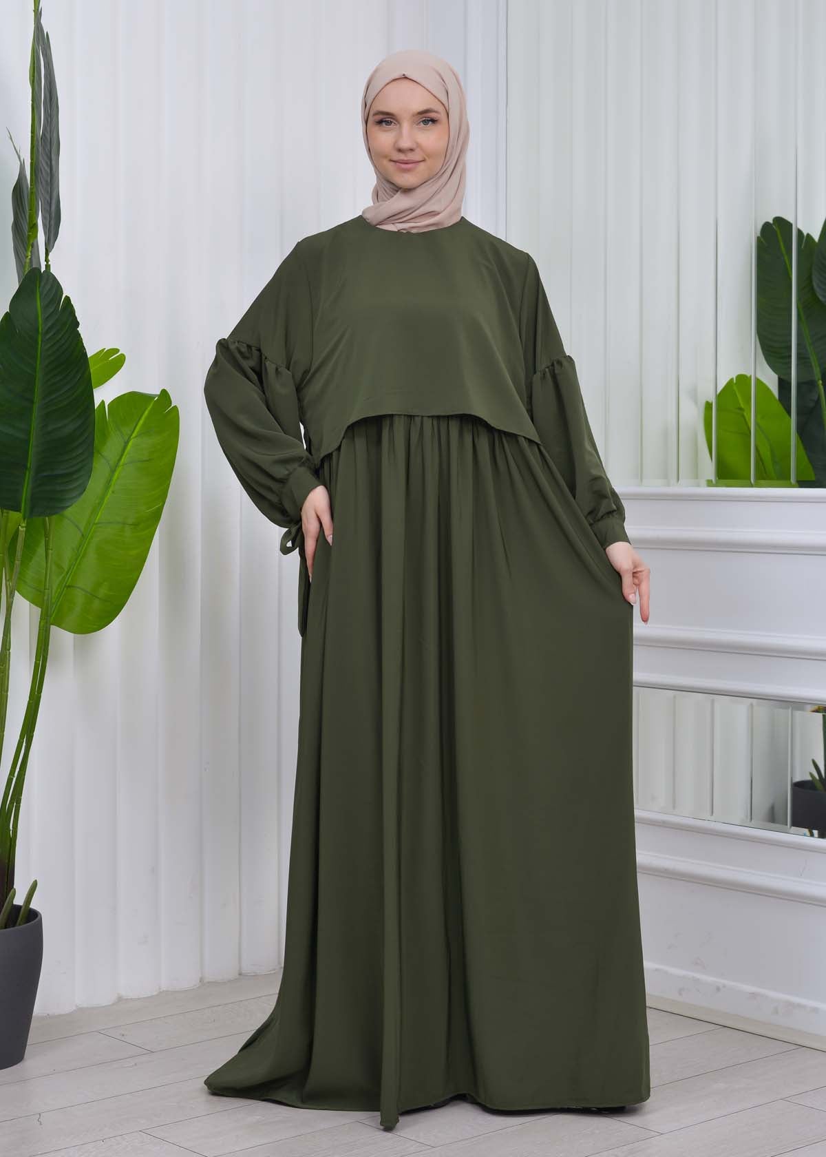 Lace up Sleeve Simple Hijab Dress 831 - Khaki