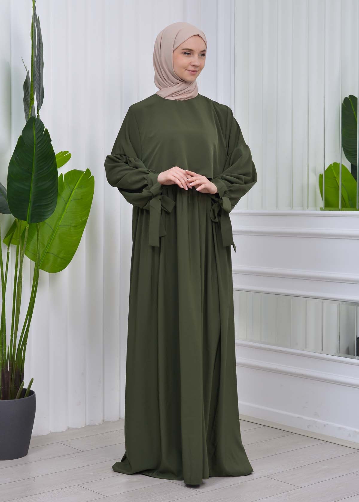 Lace up Sleeve Simple Hijab Dress 831 - Khaki