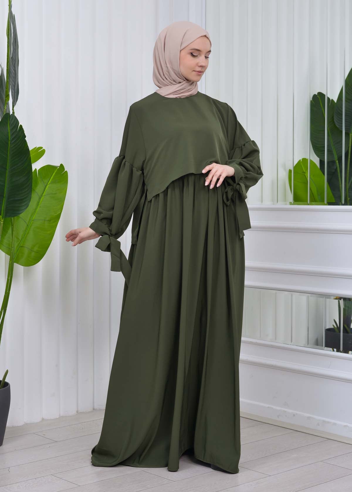 Lace up Sleeve Simple Hijab Dress 831 - Khaki