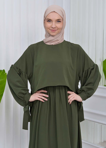 Lace up Sleeve Simple Hijab Dress 831 - Khaki