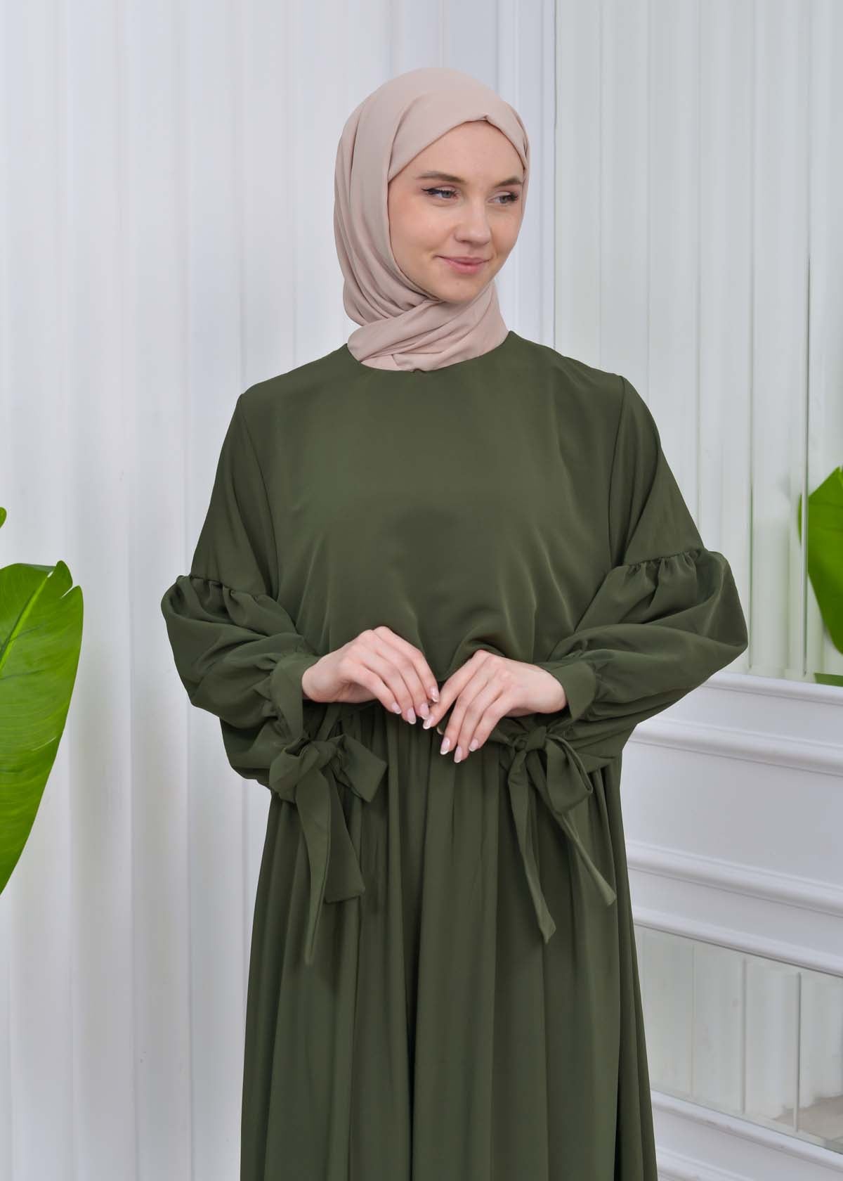 Lace up Sleeve Simple Hijab Dress 831 - Khaki