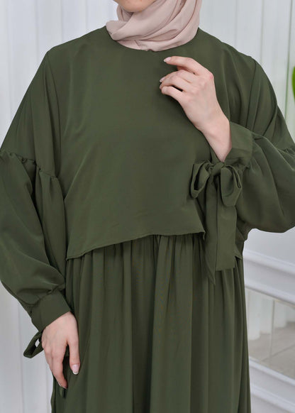 Lace up Sleeve Simple Hijab Dress 831 - Khaki