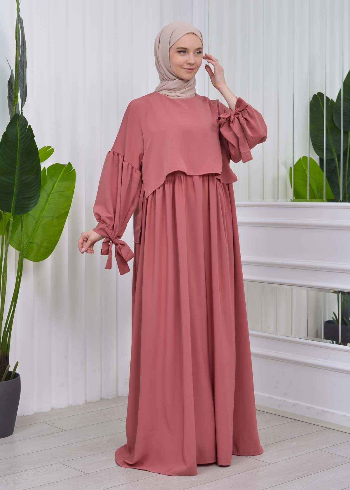 Lace up Sleeve Simple Hijab Dress 831 - Hellrosa