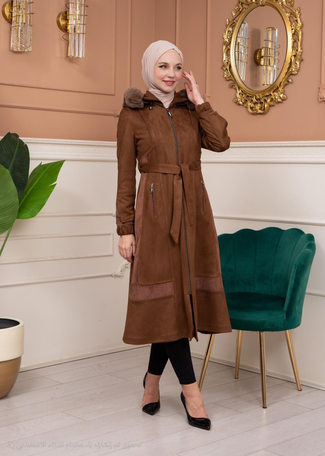 Eleganter Wildleder-Trenchcoat mit Fellfutter am Rücken 1363 - Braun