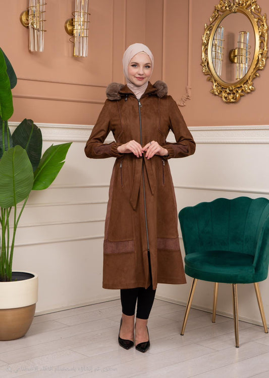Eleganter Wildleder-Trenchcoat mit Fellfutter am Rücken 1363 - Braun