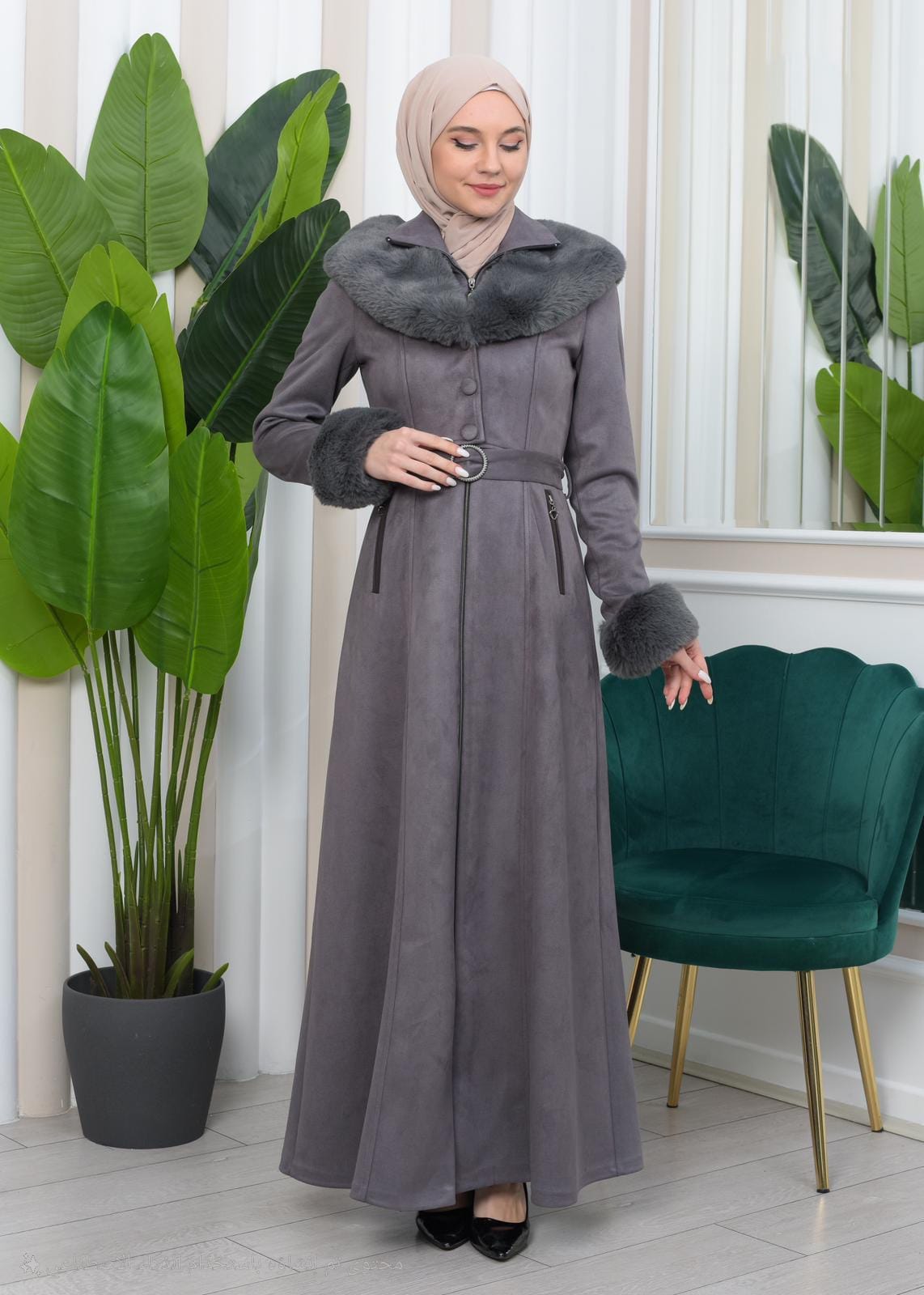 Damen Wildleder-Mantel mit Vollpelz-Kapuze (Kabischon) 1362 - Grau