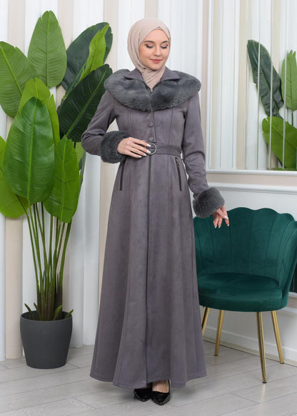 Damen Wildleder-Mantel mit Vollpelz-Kapuze (Kabischon) 1362 - Grau
