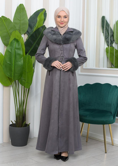 Damen Wildleder-Mantel mit Vollpelz-Kapuze (Kabischon) 1362 - Grau