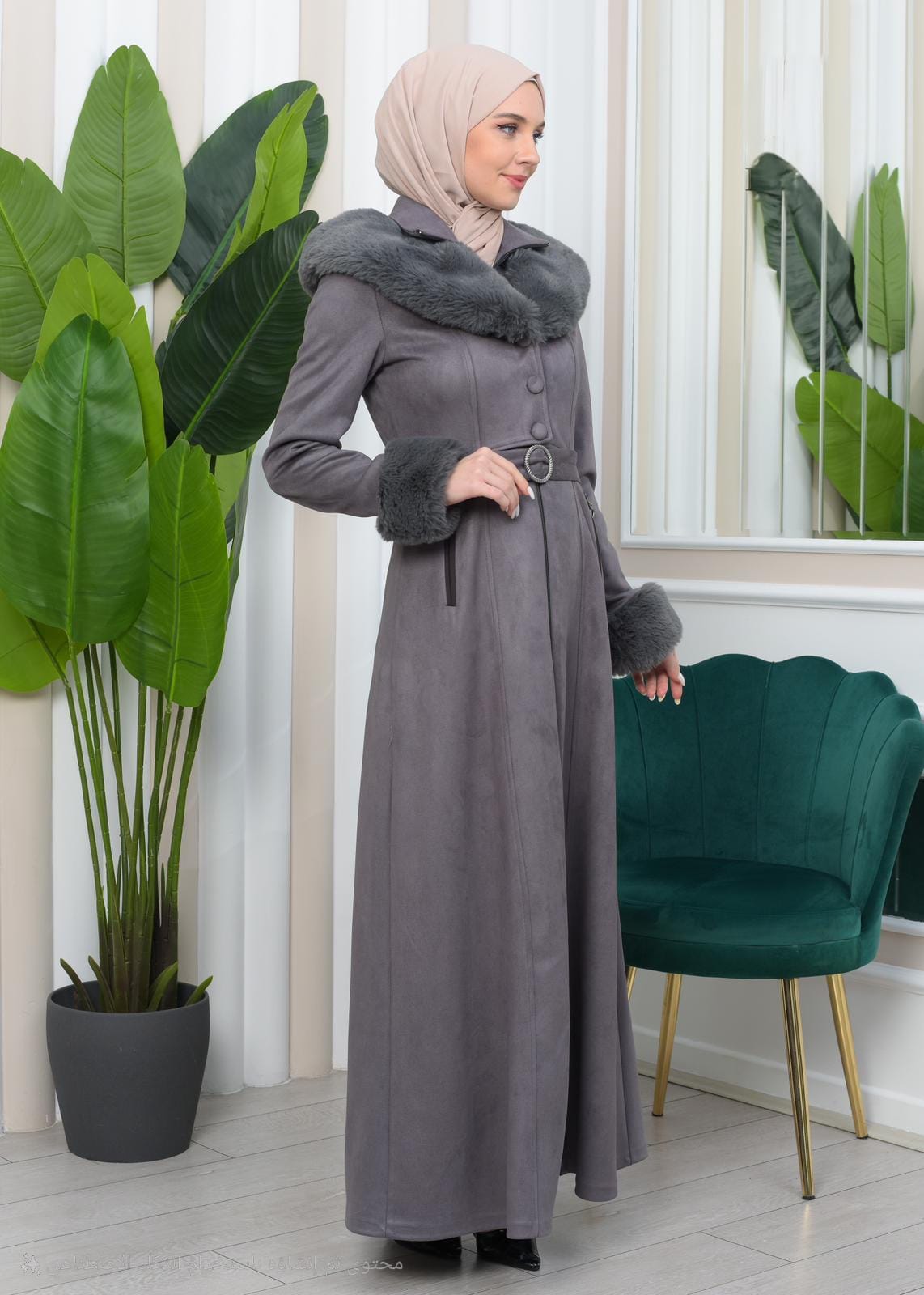 Damen Wildleder-Mantel mit Vollpelz-Kapuze (Kabischon) 1362 - Grau