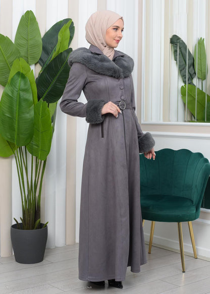 Damen Wildleder-Mantel mit Vollpelz-Kapuze (Kabischon) 1362 - Grau