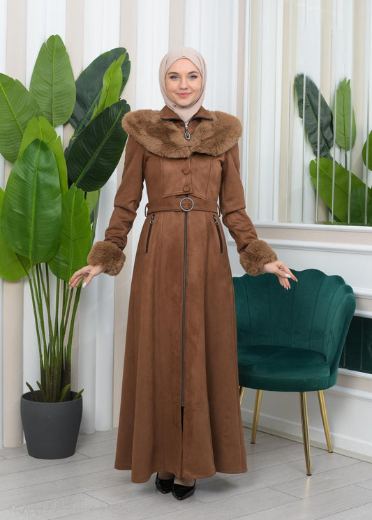 Damen Wildleder-Mantel mit Vollpelz-Kapuze (Kabischon) 1362 - Braun