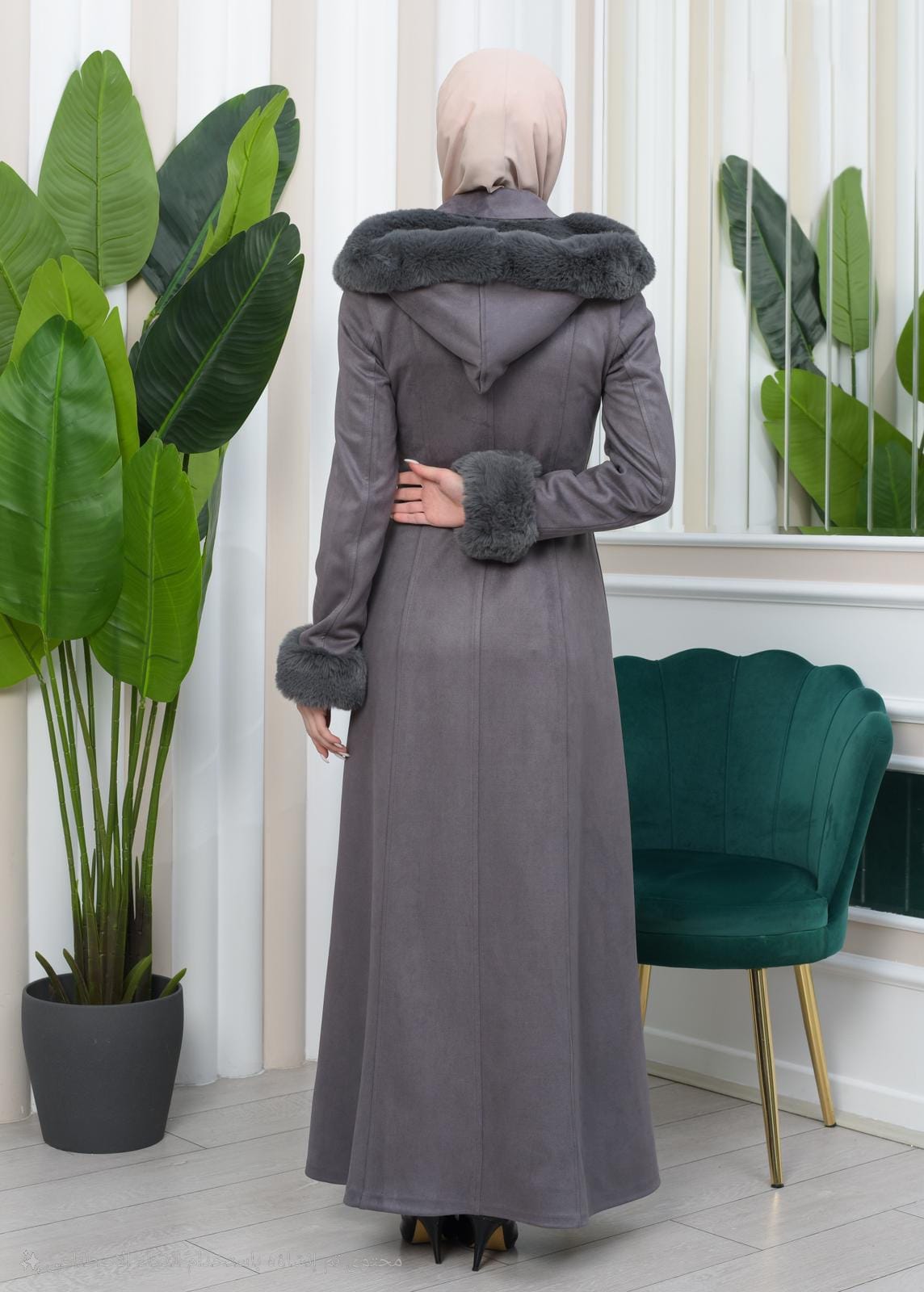 Damen Wildleder-Mantel mit Vollpelz-Kapuze (Kabischon) 1362 - Grau
