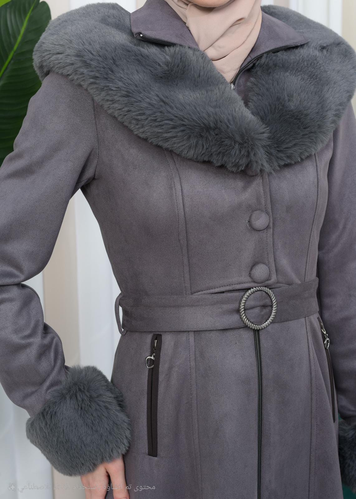 Damen Wildleder-Mantel mit Vollpelz-Kapuze (Kabischon) 1362 - Grau