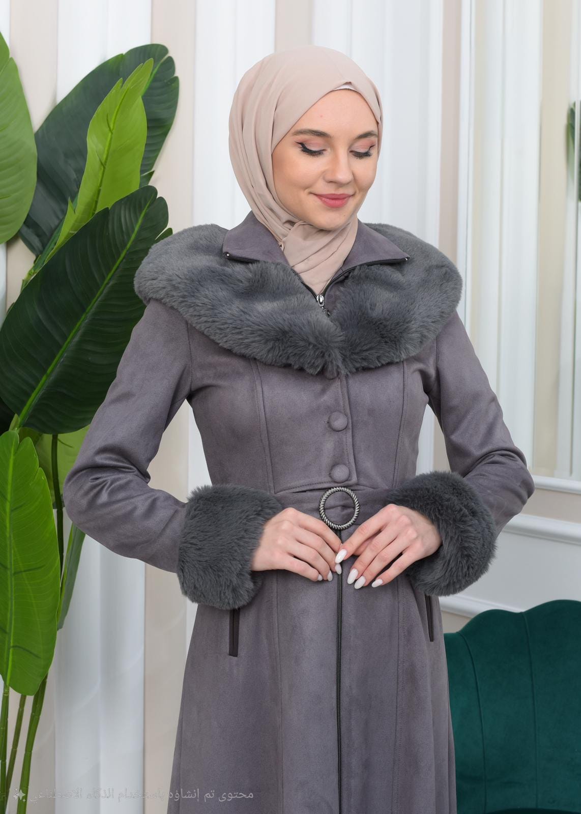 Damen Wildleder-Mantel mit Vollpelz-Kapuze (Kabischon) 1362 - Grau