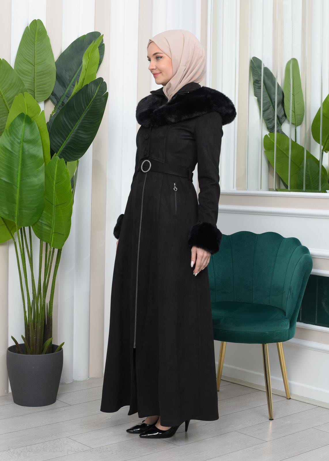 Damen Wildleder-Mantel mit Vollpelz-Kapuze (Kabischon) 1362 - Schwarz