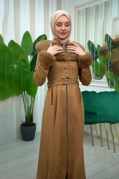 Damen Wildleder-Mantel mit Vollpelz-Kapuze (Kabischon) 1362 - Cognac