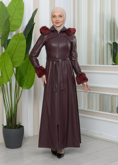 Exklusiver Ledermantel mit festen Fellärmeln und abnehmbarer Kapuze 1345 - Bordeaux