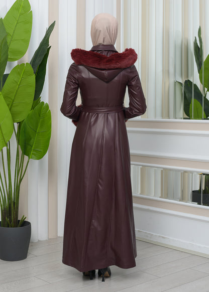 Exklusiver Ledermantel mit festen Fellärmeln und abnehmbarer Kapuze 1345 - Bordeaux