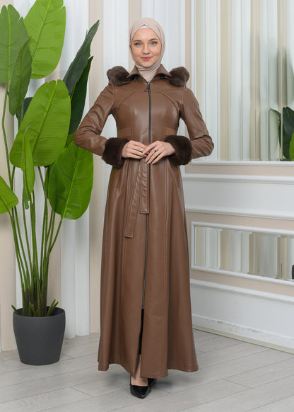 Exklusiver Ledermantel mit festen Fellärmeln und abnehmbarer Kapuze 1345 - Cognac