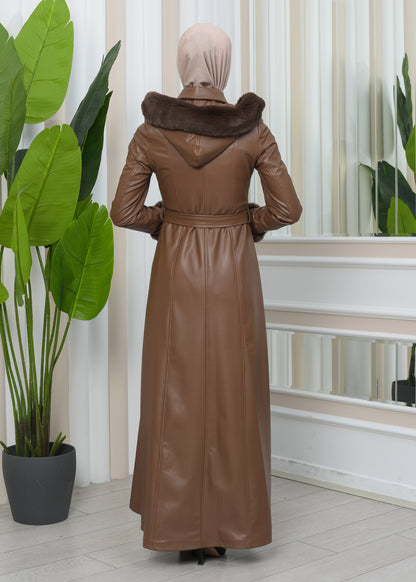 Exklusiver Ledermantel mit festen Fellärmeln und abnehmbarer Kapuze 1345 - Cognac