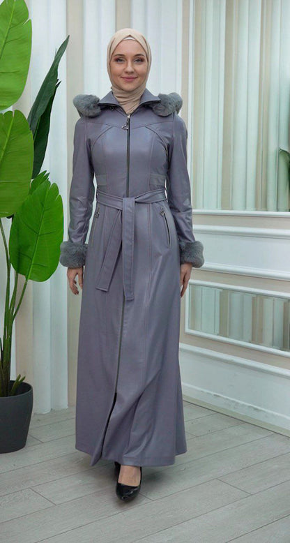 Exklusiver Ledermantel mit festen Fellärmeln und abnehmbarer Kapuze 1345 - Grau