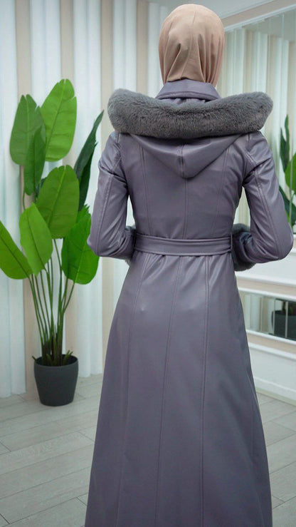 Exklusiver Ledermantel mit festen Fellärmeln und abnehmbarer Kapuze 1345 - Grau