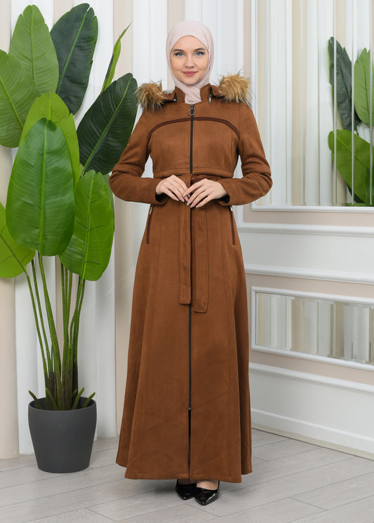 Luxuriöser Damen Wildleder-Mantel mit Kaninchenfutter 1346 - Cognac