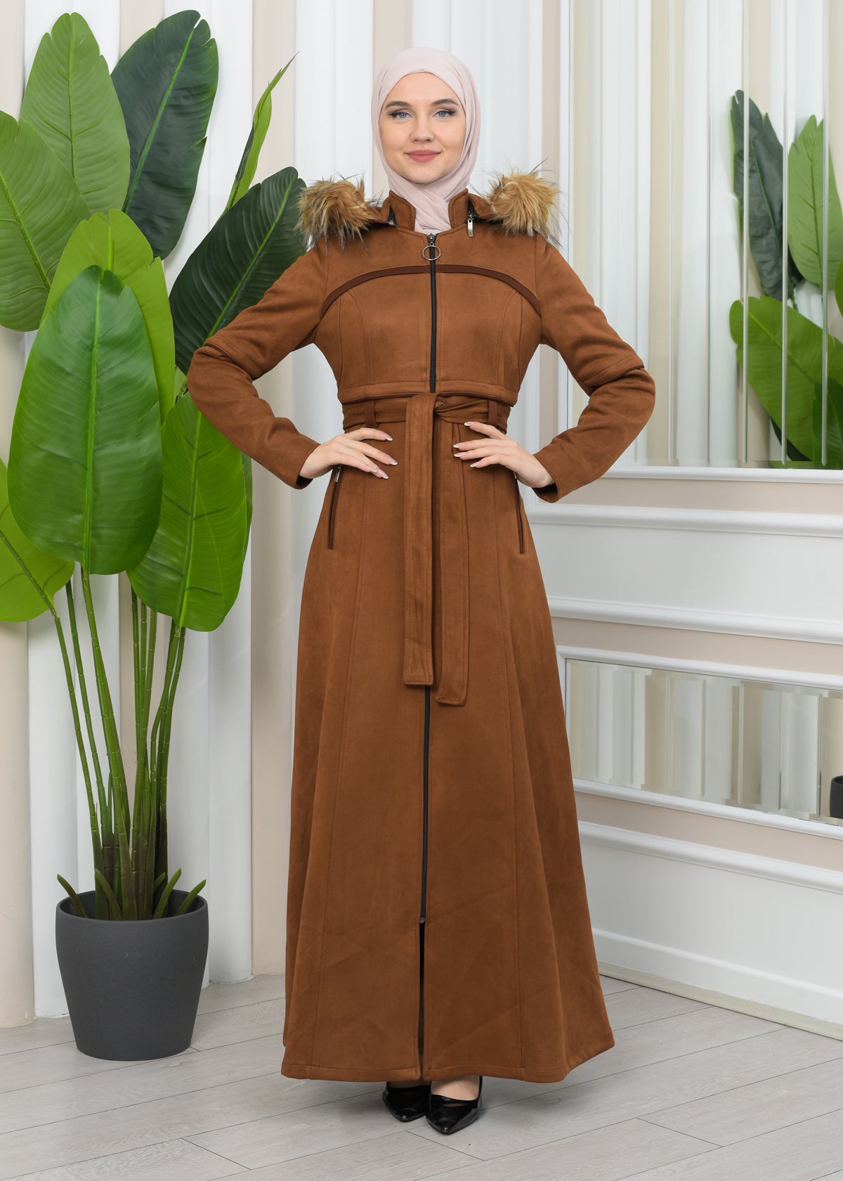 Luxuriöser Damen Wildleder-Mantel mit Kaninchenfutter 1346 - Cognac