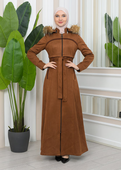 Luxuriöser Damen Wildleder-Mantel mit Kaninchenfutter 1346 - Cognac