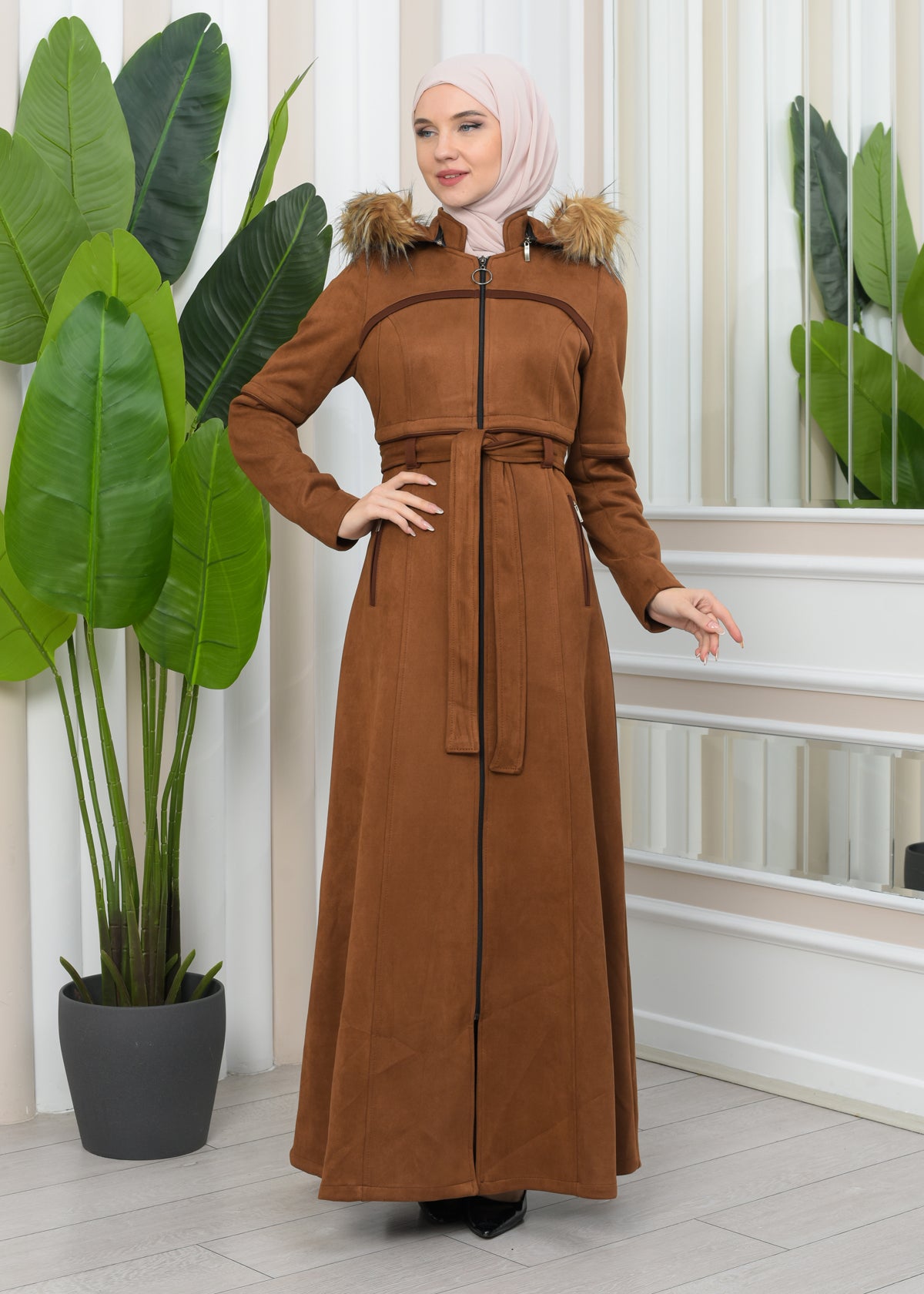 Luxuriöser Damen Wildleder-Mantel mit Kaninchenfutter 1346 - Cognac
