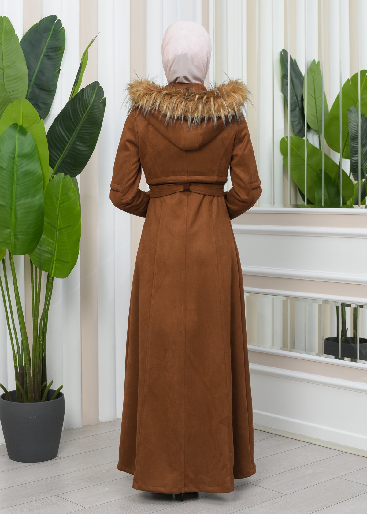 Luxuriöser Damen Wildleder-Mantel mit Kaninchenfutter 1346 - Cognac